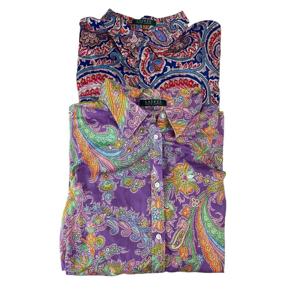 Lot of 2 Lauren Ralph Lauren Paisley Button Down Shirt Womens 2X Plus 3/4 Sleeve